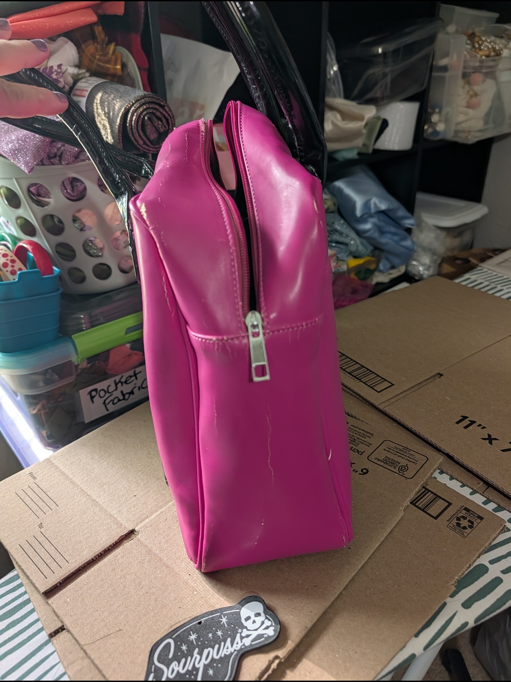 Sourpuss Pinstriped Pink Spiderweb Bowler Handbag - Picture 8 of 9